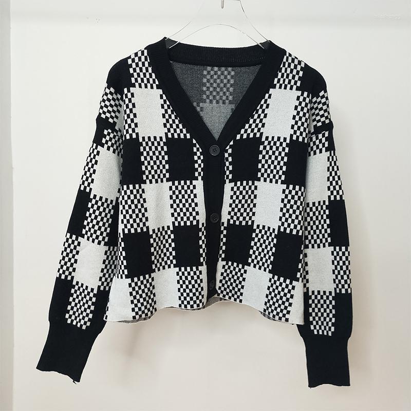 

Women's Knits Knitted Cardigan Sweaters Woman Vintage Plaid Long Sleeve Women Sweater Short Coat Fall 2022 England Style Button Ladies Tops, Black