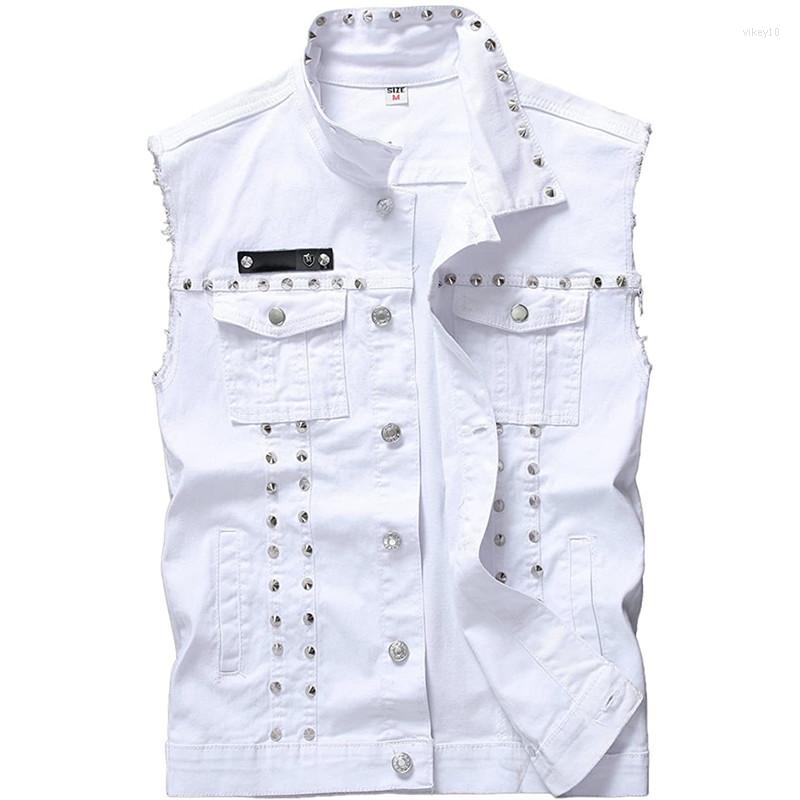 Men's Jackets Idopy Mens White Denim Vest Single Breasted Rivet Party Stage Slim Fit L-5XL Studded Waistcoat Cotton Jacket For Male Plus