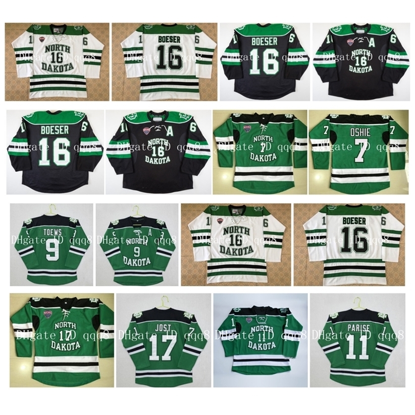 

Gla North Dakota Fighting Sioux Jerseys 11 Zach Parise 9 Jonathan Toews 16 Brock Boeser 7 T.j. Oshie 17 Tyson Jost Green White Hockey Jersey, Black