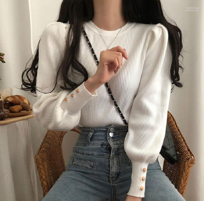 

Women's Sweaters Women's Knitted Bottoming Shirt With Spring And Autumn Long-sleeved Western Style Round Neck Puff Sleeve Top Women, Gray