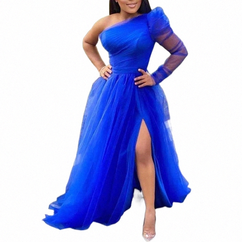 

casual Dresses Lady Bridesmaid Party Plus Size 2022 Off Shoulder Split Big Hem Long Tulle A-Line Prom Dress Formal Wedding 44C4#, Blue