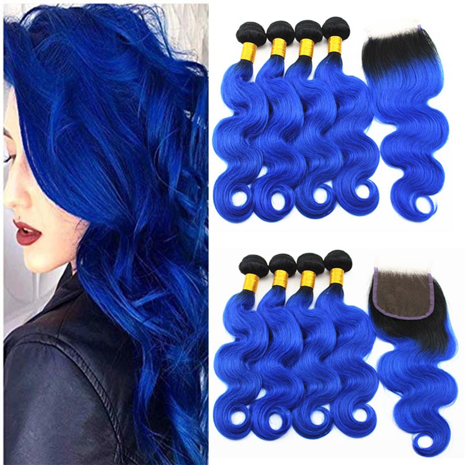 

Blue Color Body Wave Hair Extensions 3 or 4 Bundles with 4x4 Hair Closure Part Brazilian 100% Virgin Human Hair Weaves 10-18i2802, Ombre color