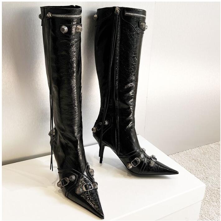 Cagole belt buckle decoration knee high boots women s leather side zipper pointed sexy fashion luxury designer factory shoes walk show banquet Ri
