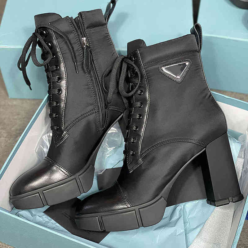 

Designer Boots Plaque Lace Up Ankle 9.5cm Women Black Leather Combat High Heel Winter Top Quality with Box No256