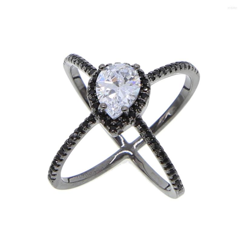 

Cluster Rings Black Gold Elegant Stunning Women Full Finger Ring Jewelry Filled Cross X Wedding Tear Drop Cz Fashion
