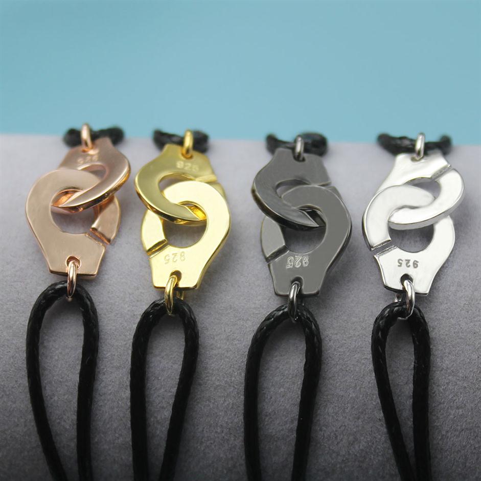 

France Popular 925 Sterling Silver Handcuff Bracelet For Women With Black Rope 925 Silver Bracelet Menottes Only Stamp283p