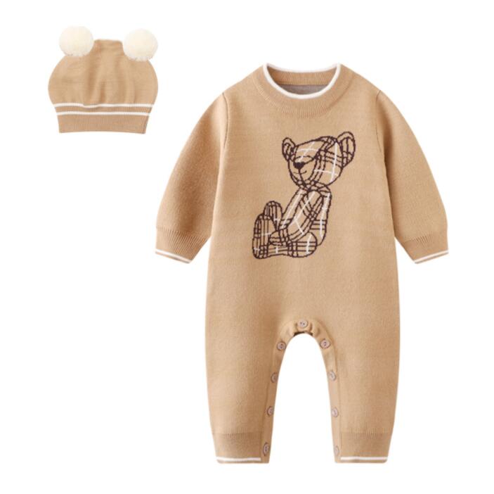 

Lovely Baby Knitted Rompers With Hats Autumn Winter Newborn Cotton Thicken Warm Jumpsuits Infant Cartoon Bear Onesies Toddler Kids Romper, As picture