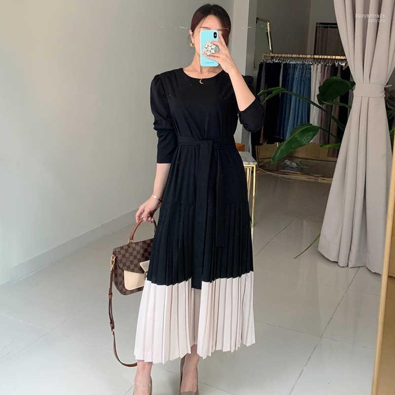 

Casual Dresses Elegant Winter Party Patchwork Spring Vintage Long Sleeve A-line Woman 2022 Pleated Dress Women Korean Style, Black