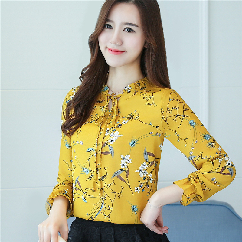 

2022 Chiffon Blouses Casual Shirts Ladies Floral Print V-neck Women Tops Blouse Long Sleeve Blusas Chic Female Tops New, Apricot