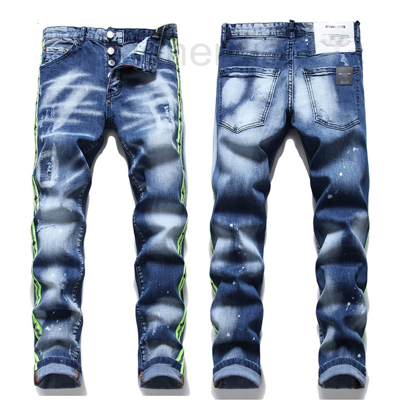 

Men's Jeans designer Chaopai D2 paint splashing hole grinding white jeans fashion side fluorescent green woven Leggings WVGT, 2# packing bag