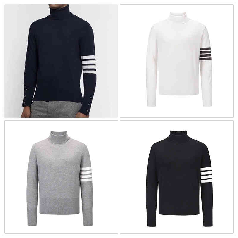 

Thom Knitted Turtleneck Sweater Fashion Brand Slim Clothing Striped 4-bar Coats Sports Casual Tb Sweaters, Navy blue