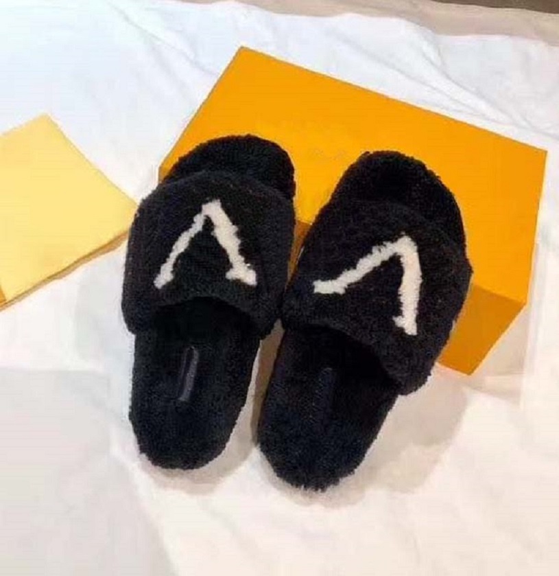 

HOT Women wool Slippers Slides Sandals Designer Shoes Luxury Slide Summer Fashion Wide Flat Slippery Thick Sandals Flip Flops, # box