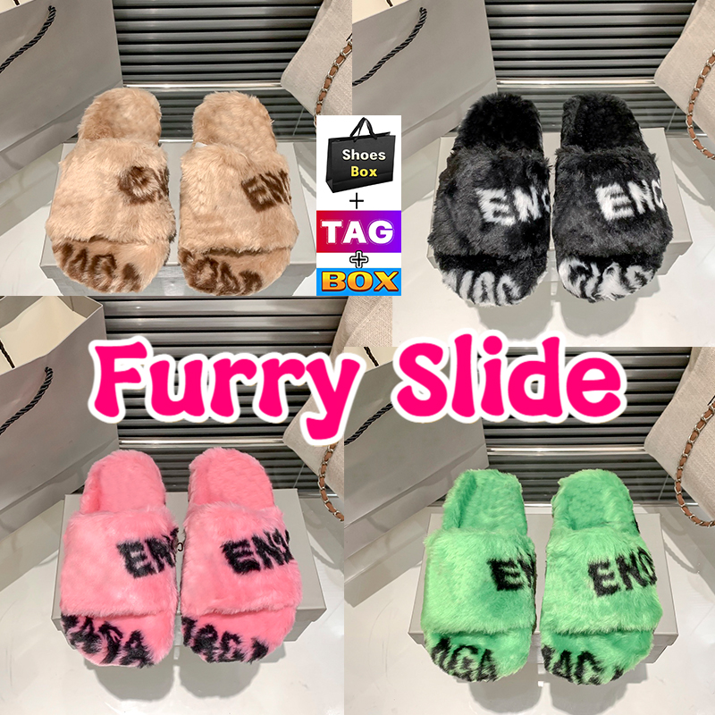 

Allover Logo Furry Slippers men women warm Slide Sandals Flat indoor sandal fur fluzzy plush Slides winter man woman shoes comfortable Shearling wool Slipper, 06-shoes box