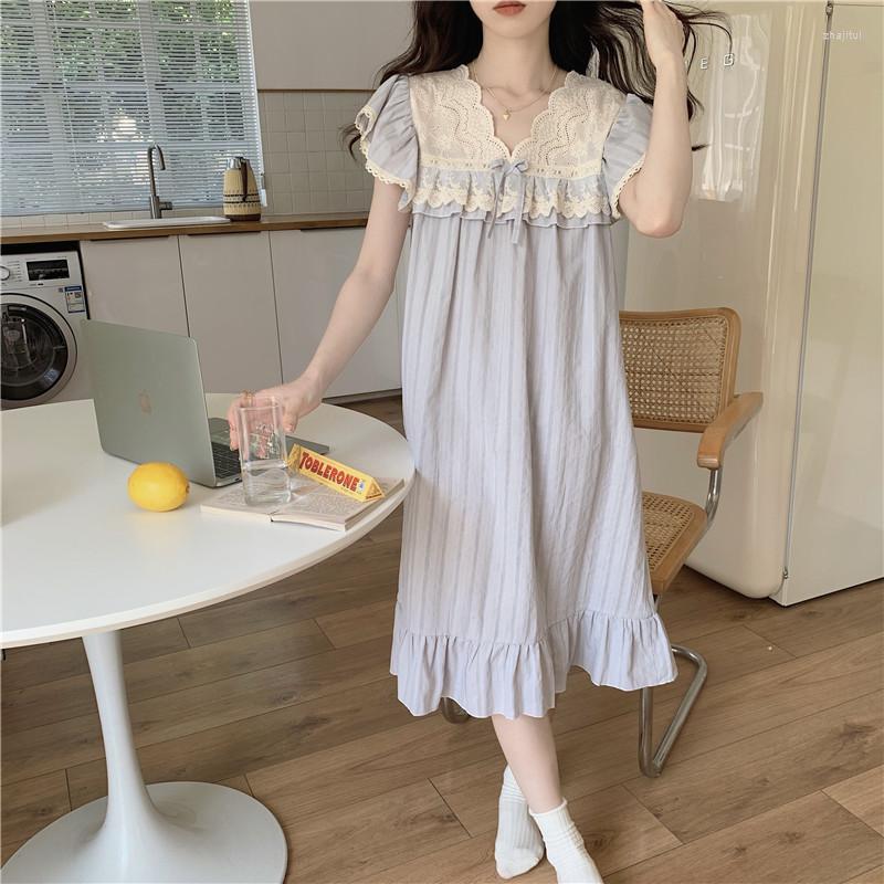 

Women's Sleepwear Women's Cute Lacework Princess Nightgown Women Bow Tie Short Sleeve Summer Cotton Sleepdress Out Wear Embroidery Home, Gray