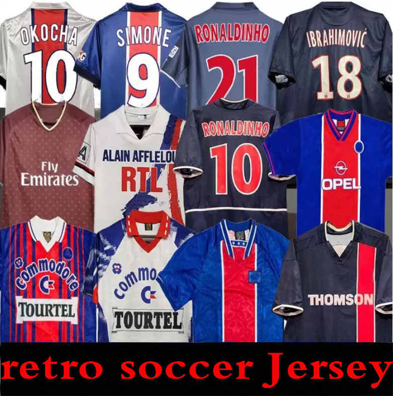 

OKOCHA Retro SOCCER JERSEY 93 94 95 96 LEROY ADAILTON Beckham 98 99 00 01 02 03 90 92 classic RAI ANELKA Ibrahimovic camisas de futebol RONALDINHO SIMONE PSGS home away