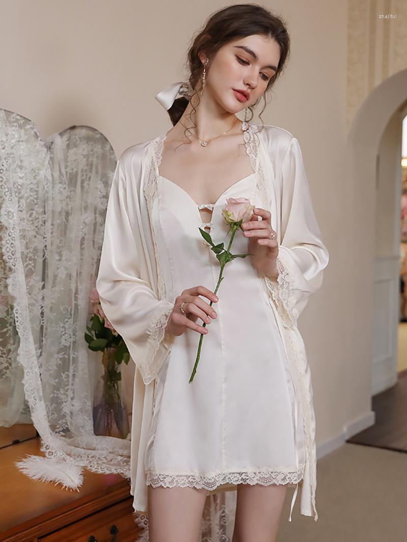 

Women' Sleepwear Women' Franch Nightdress Womens Summer Two-piece Suit Home Spaghetti Strap Backless Lace Mini Dress And Robe Silk, Creamed apricot