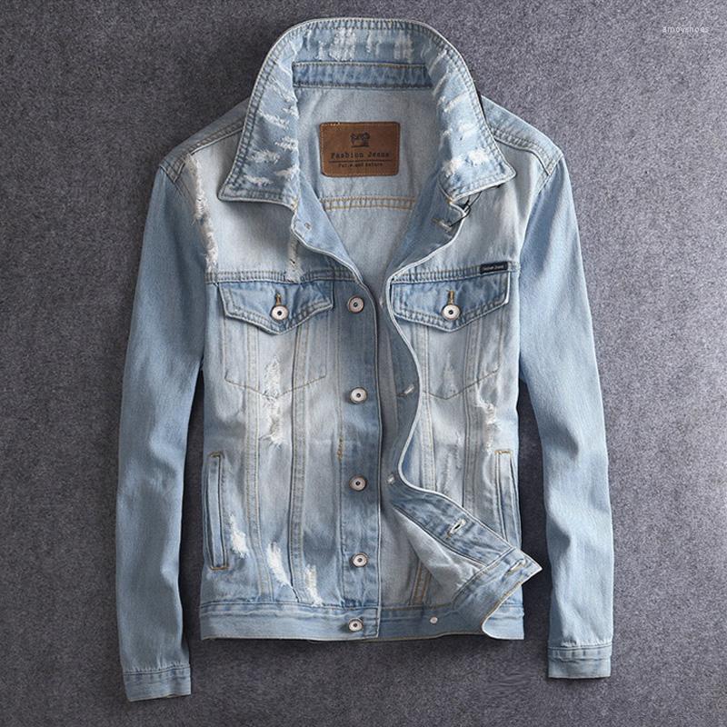 Men&#039;s Jackets Korean Style Fashion Men Retro Light Blue Vintage Ripped Denim Jacket Cotton Coats Streetwear Simple Chaqueta Hombre-image-805609999