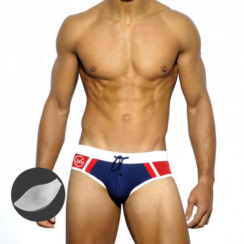 

Men's Swimwear New With Push Pad Solid Color Stitching Men Triangle Swimwear Fashion Sexy Low Waist Bikini Summer Beach Surf Quick dry J220913, Navy blue
