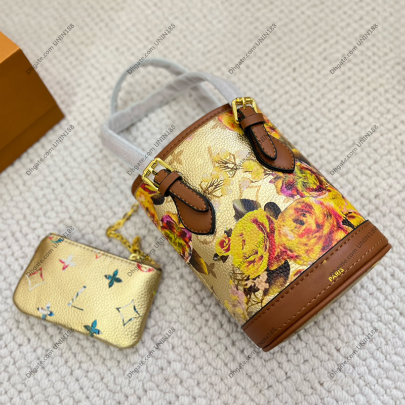 

Women Nano Bucket Totes Bags Colorful Flowers Handbag Luxurys Designers Crossbody Bag Genuine Leather Ladies Travel Handbags With Shoulder Strap and Purse, Gold