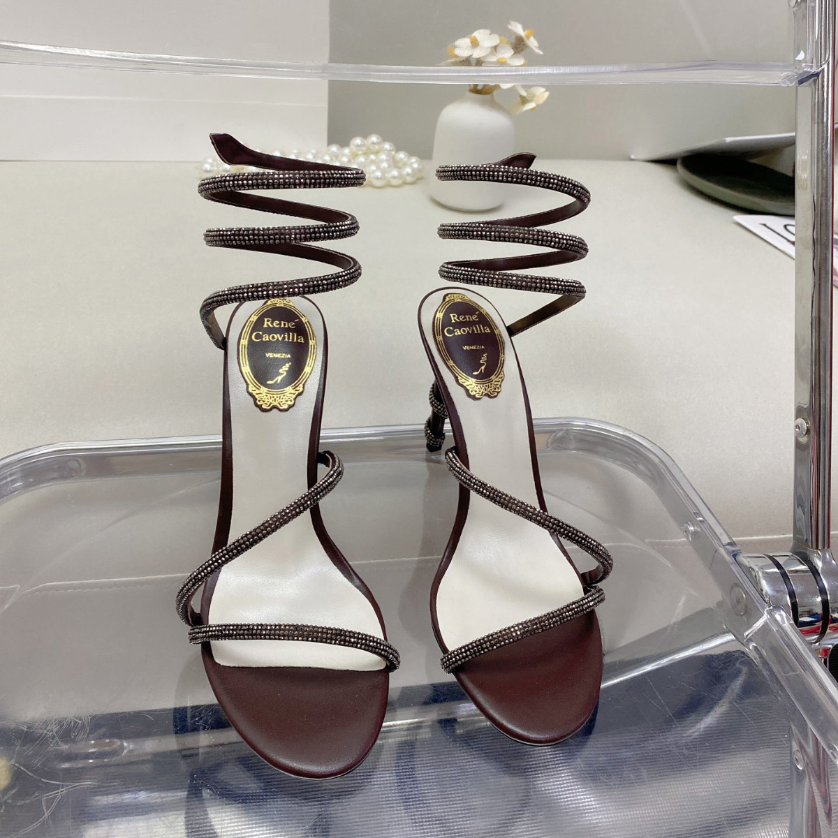 

embellished Margot Rene caovilla leather sandals Snake Strass stiletto Heel Evening shoes for women heeled Luxury Designer Ankle Wraparound 2H37, Red/gold