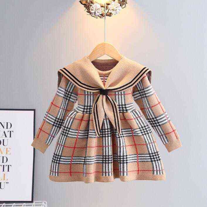 

Girl's Dresses Great Quality Baby Girls Knitted Plaid Sweaters Dresses Spring Autumn Girl Long Sleeve Princess Dress Kids College Style Knitting Dress 2-7, Khaki