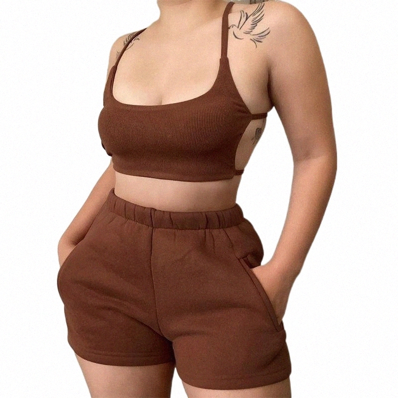 

women' Tracksuits Simenual Backless Camis And Shorts Loungewear Set Clothes Vendors For Women Sporty Ribbed Fashion Casual Strap 2 Piece Tr d9Db#, Brown