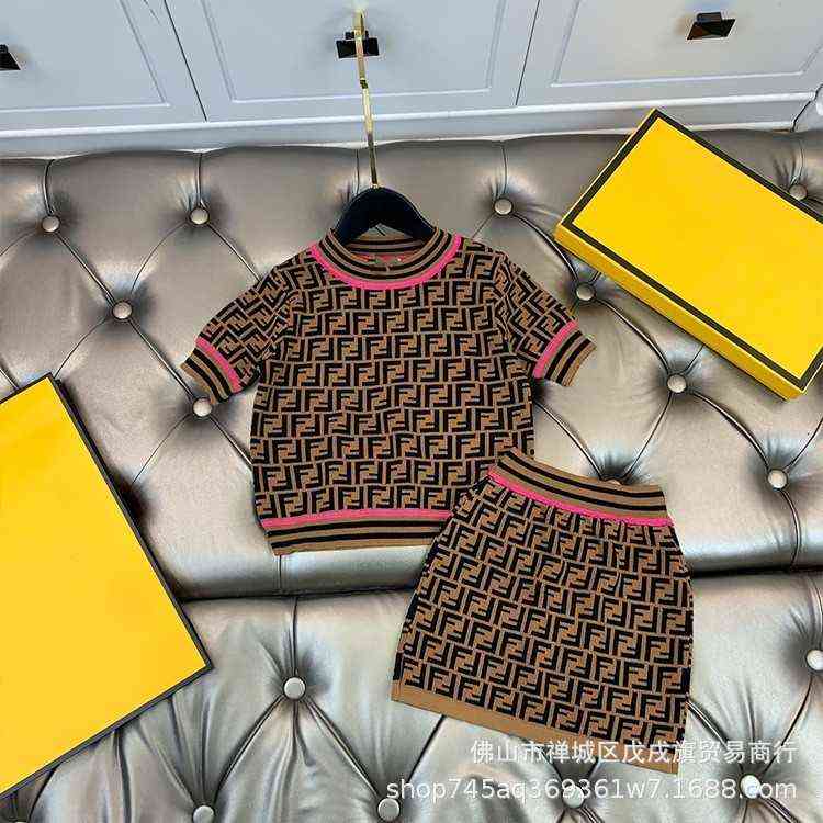 

Girl's Dresses Designer High set girls' Pullover letter full print round neck Pullover long / short sleeve knitted sweater Hip Wrap Skirt two piece set, Short sleeved skirt