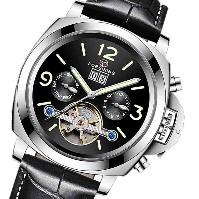 Montres-bracelets Forsining Mécanique Hommes Montres Bracelet en cuir véritable Calendrier complet Tourbillon Montres-bracelets automatiques Relo