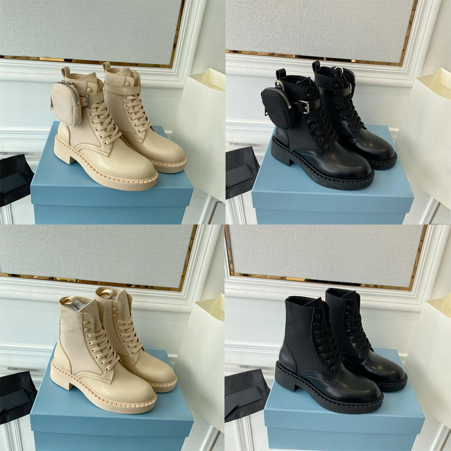 

Luxury Designer Monolith Leather And Nylon Fabric Boots Women Pocket Booties Genuine Leather Lace Up Ladies Ankle Winter Autumn Shoes Sneakers With Original Box