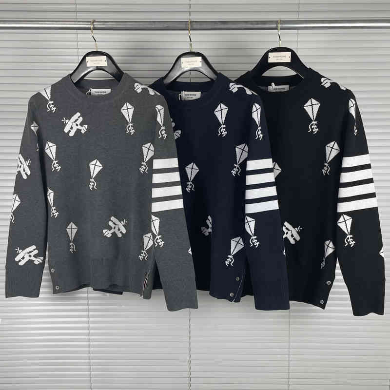 

2022 Fashion Tb Thom Brand Sweaters Men Slim Fit O-neck Pullovers Clothing Striped Wool Kite Pattern Spring Autumn Casual Coat, Blue