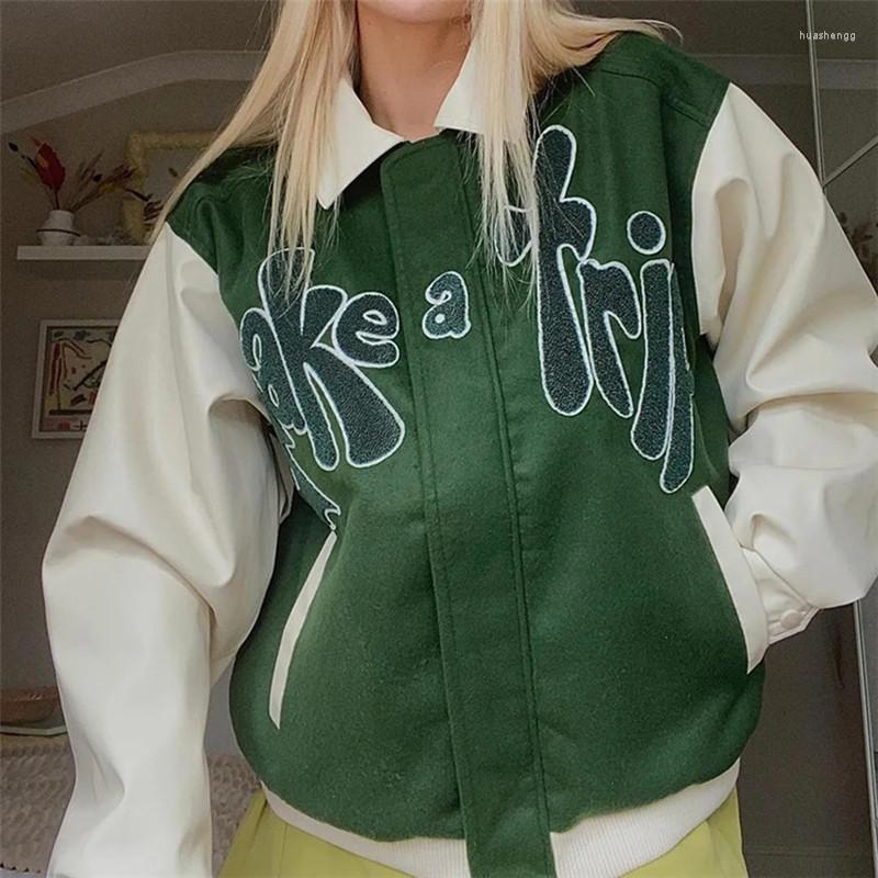 Women&#039;s Wool Women&#039;s & Blends PU Faux Leather Jacket Women Autumn Baseball Jackets Coat Grass Green Contrast Sleeve TAKE A TRIP Letter-image-805889059