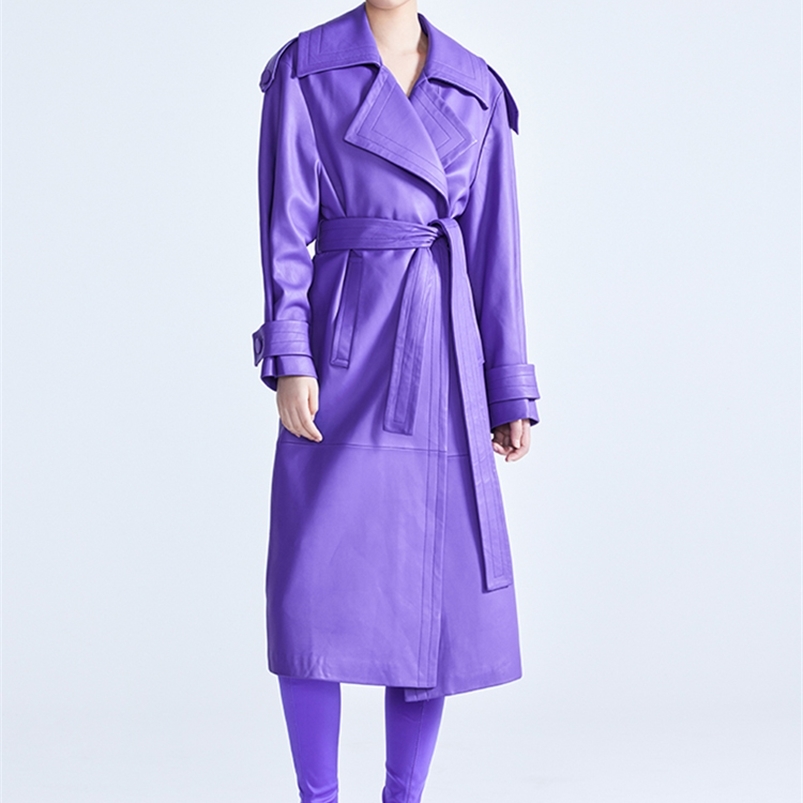 Women&#039;s Trench Coats Lautaro Spring Autumn Long Luxury Elegant Purple Colored Faux Leather Trench Coat for Women Sashes Runway Designer Fash-image-805692285