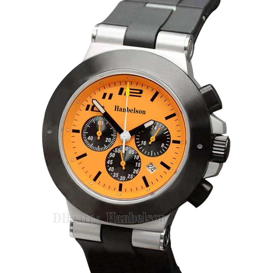 

Mens watch series Sapphire glass Yellow face Japan Quartz Chronograph stainless steel case Sports Rubber strap Montre De Luxe Wristwatch 44mm, Black case white dial