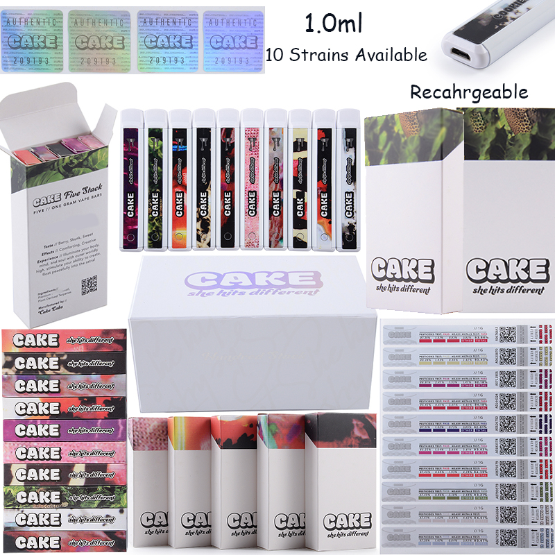 

1.0ML CAKE She Hits Different E Cigarette Rechargeable Disposable Vape Pen Empty Vape Cartridges Pods Wax Vaporizers 10 Strains Available Box Packaging
