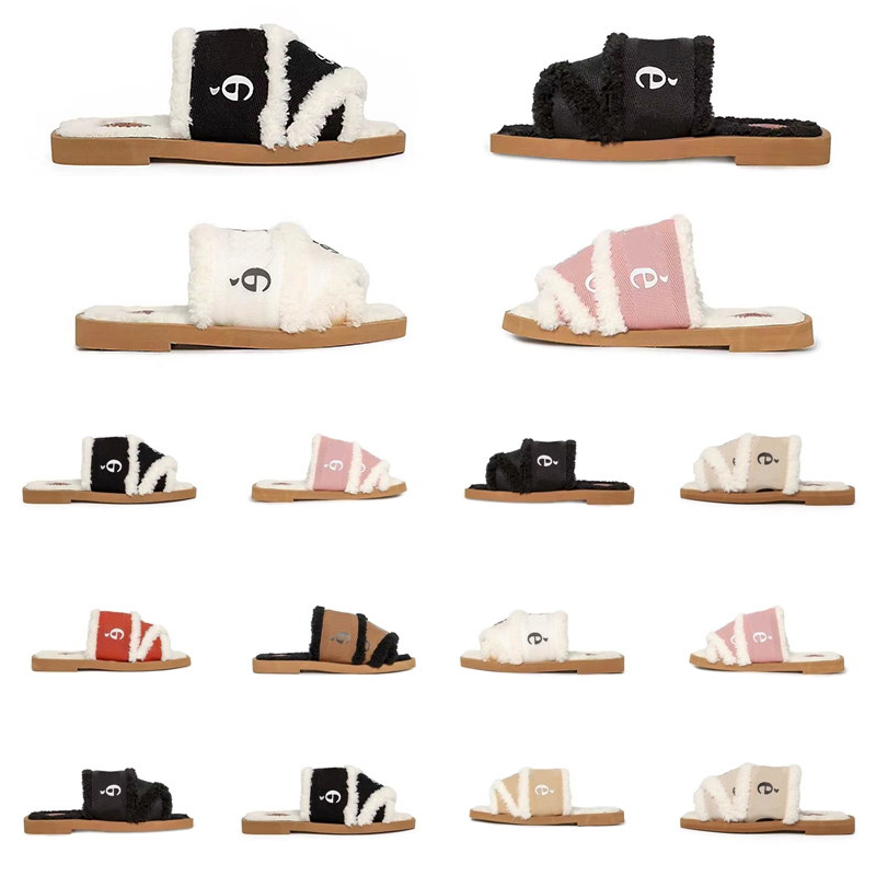 

Winter Designer Women Slippers Flat Slides Woody Sandals Print Flats Mules Furry Black White Pink Slipper Wool Slide Shoes Size 34-42, With box