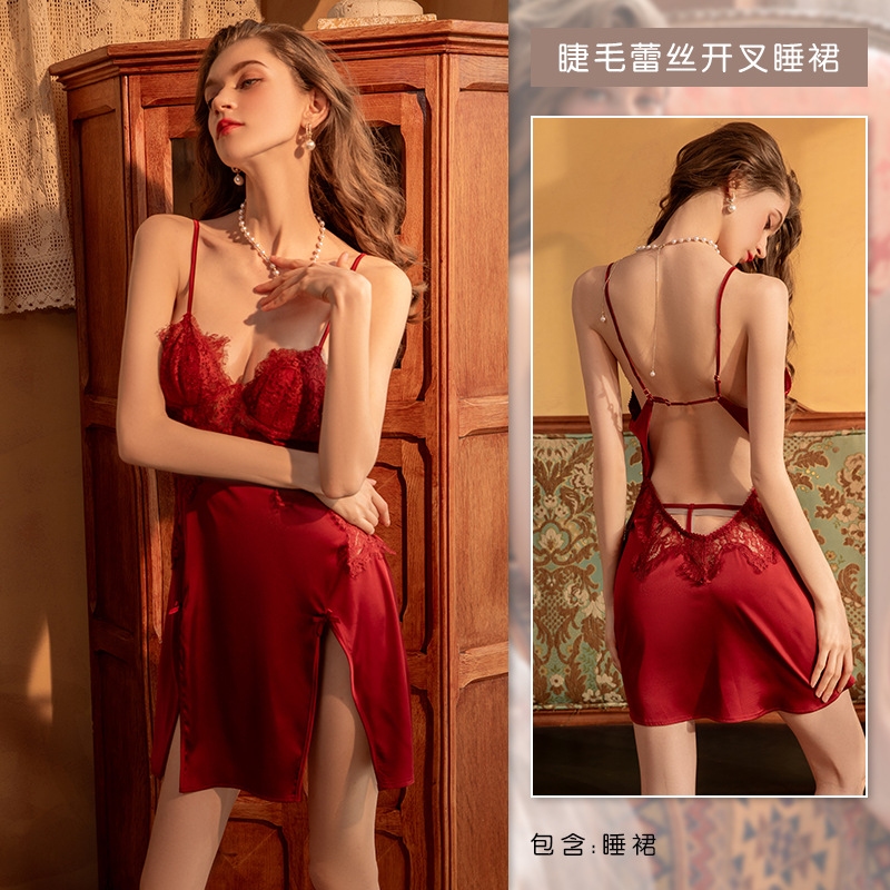 

Sexy Ladies Sleepwear Pajamas Female Pure Lust Couple Satin Lace Lace Nightdress Set, Silver grey