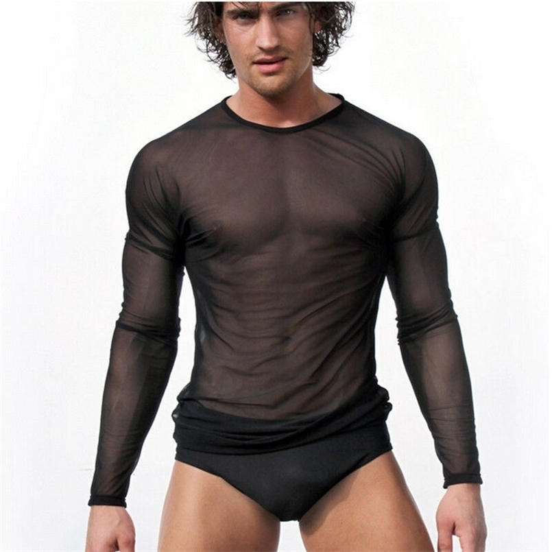 T-shirts pour hommes Hirigin Mens Undershirt Gay Vêtements Nylon Mesh Shirt Voir à travers des manches longues T-shirts Sexy Chemise transparente