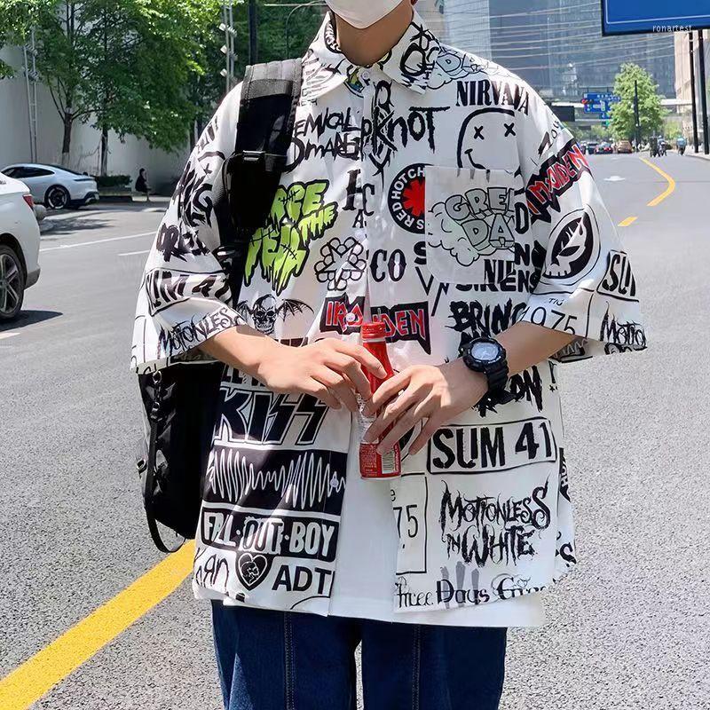 

Men' Casual Shirts Graffiti Full Print Loose Japanese Retro Short-sleeved Shirt Men Women Blouse Ins 2022 Summer Hip Hop Harajuku Tops, Picture color