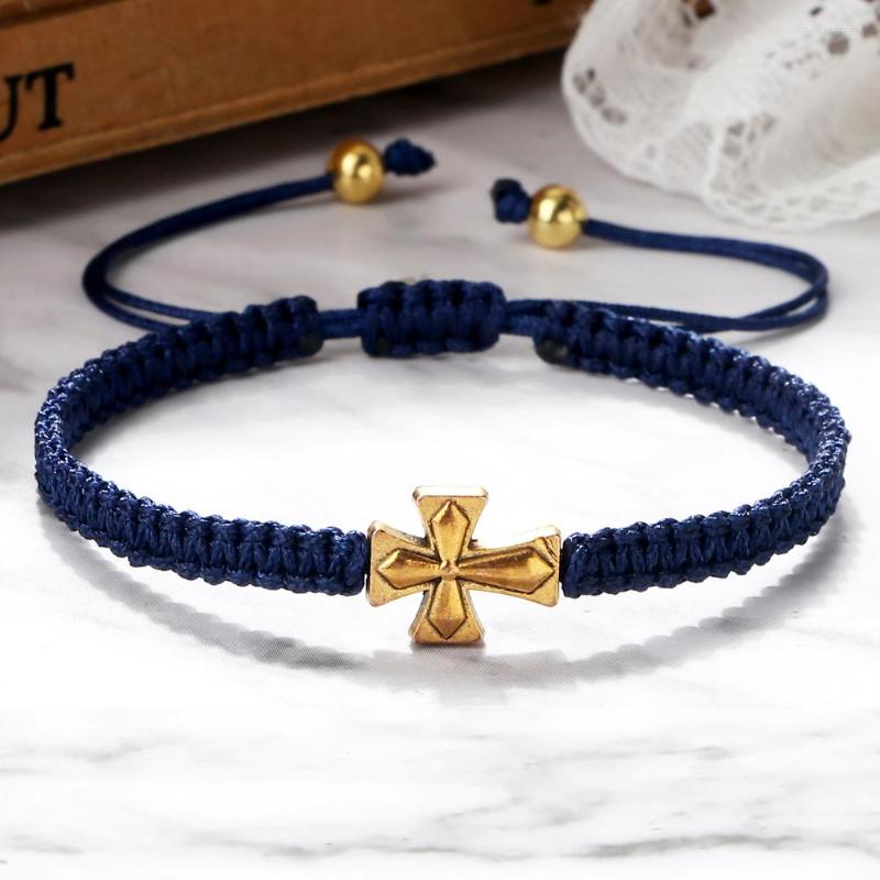 

Link Bracelets Handmade Braided Bracelet Fashion Alloy Jesus Cross Charm Lucky Red Blue Rope Adjustable Girl Wishing Woman Man Friendship