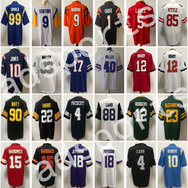 

Josh Allen Men Football Jerseys Tom Brady Watt Mahomes Joe Burrow Chase Justin Jefferson Rodgers Lance Donald Jersey Stafford Kupp Carr Prescott Parsons Crosby, Color 1