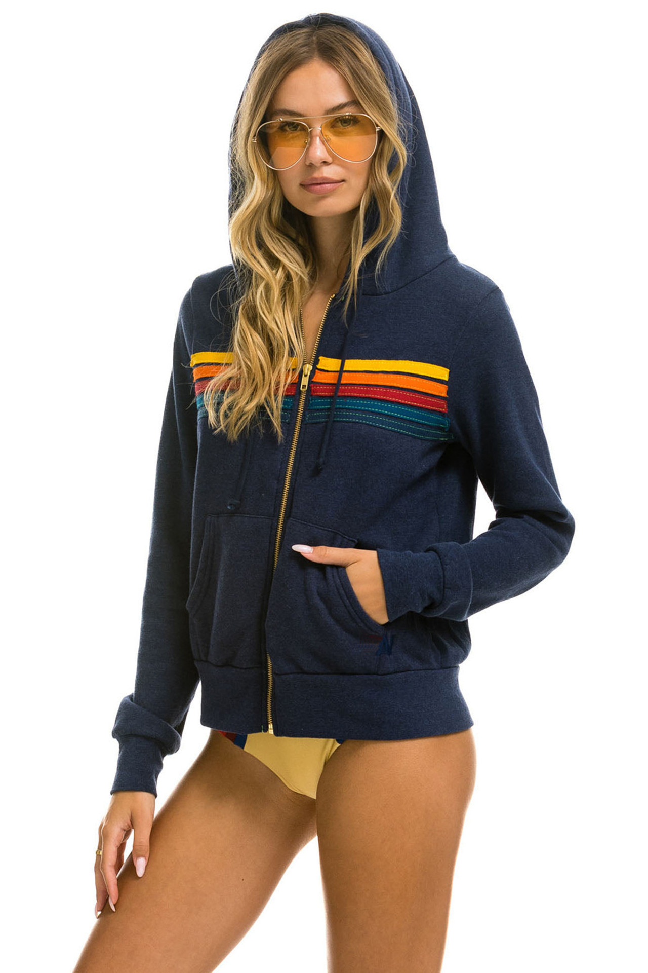 

Autumn 2022 Fashion Europe-USA Style Zip-Up Jacket Women Rainbow Stripe Splicing Long Sleeve Casual Slim Hooded Sweatshirts, Woman white