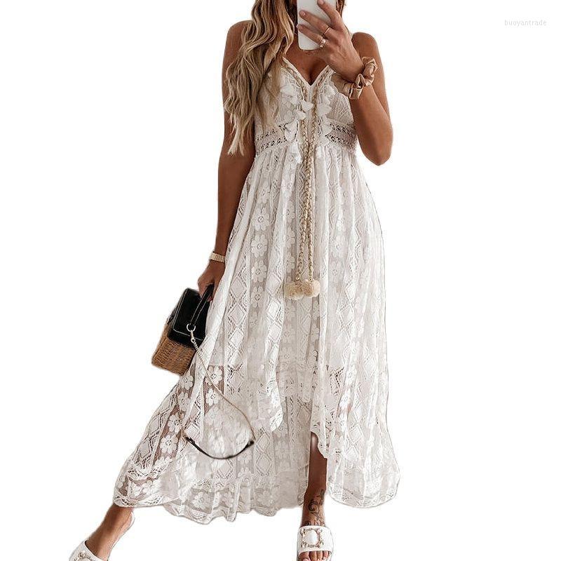 

Casual Dresses Beach Wear Summer V-Neck Lace Patchwork Dress Women Mid-Calf Sexy Hollow Out Sleeveless Spaghetti Strap VestidosCasual, Beige