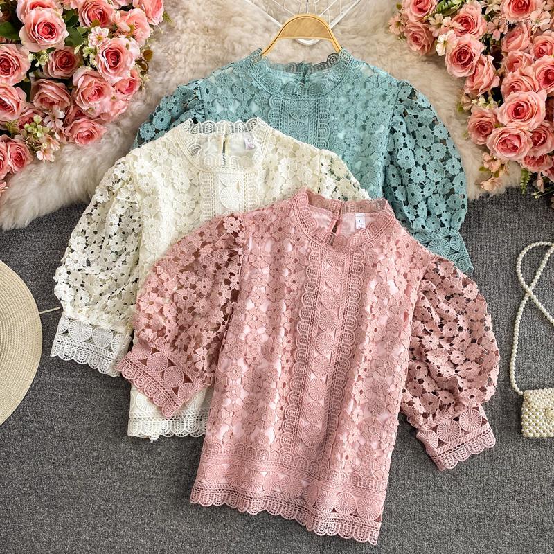

Women's Blouses Women's & Shirts Chic Hook Flower Hollow Lace Blouse Women Tops 2022 Summer Vintage Puff Sleeve Woman Elegant Fashion, Blue