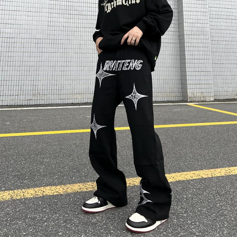 

Men' Jeans Harajuku Vintage Star Loose Mens Y2K Streetwear Hip Hop Oversized Patterned Casual Pants Womens Korean Aesthetics Grunge, Black