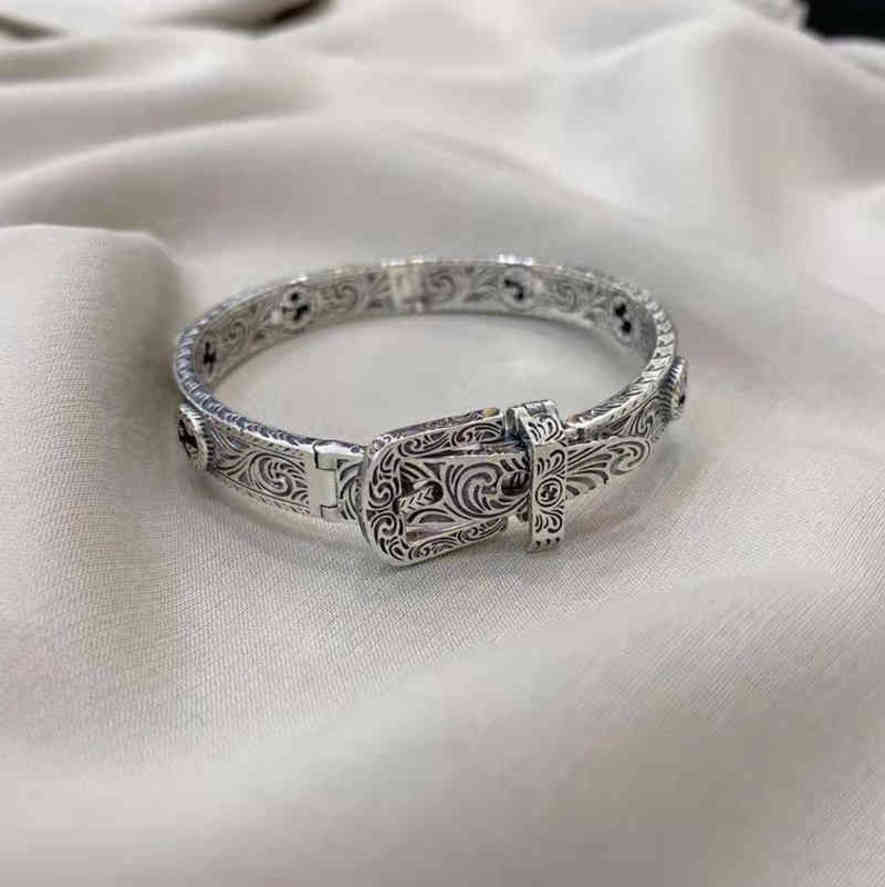 

Charm Bracelets S925 silver old bracelet with antique pattern and interlocking hollow out for men women exclusive Design jewel Exclusive saleT5G9