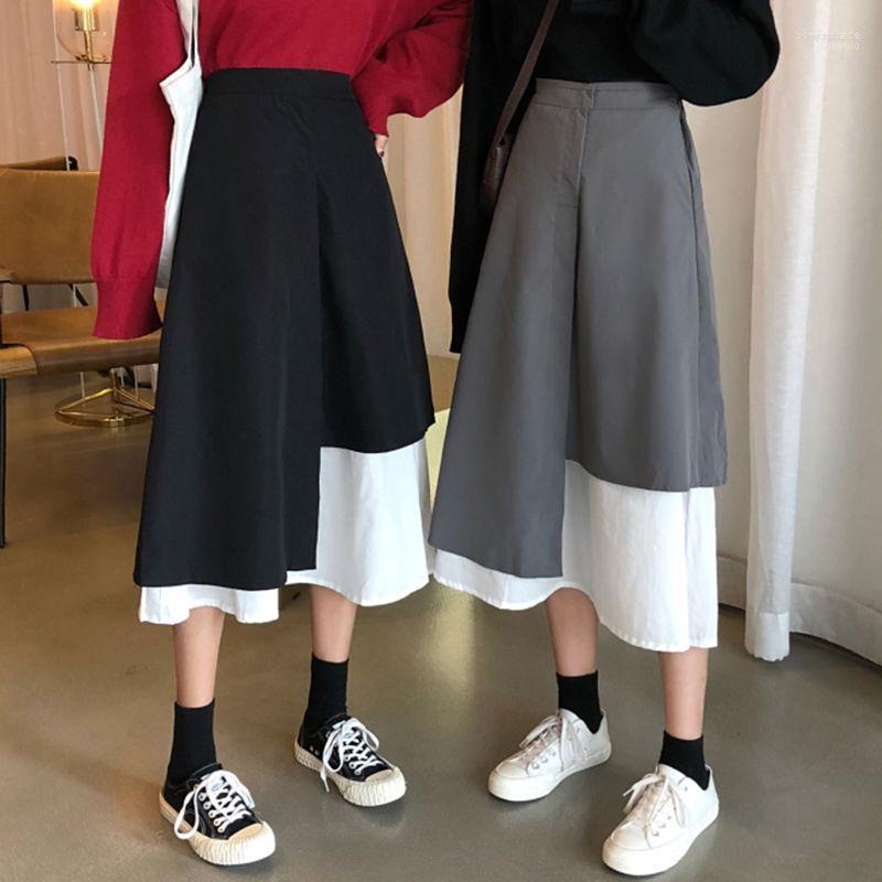 

Skirts Korean Style Mid-length Skirt Retro Stitching Japanese Irregular A-line Long Student Spring And Summer Women, Black