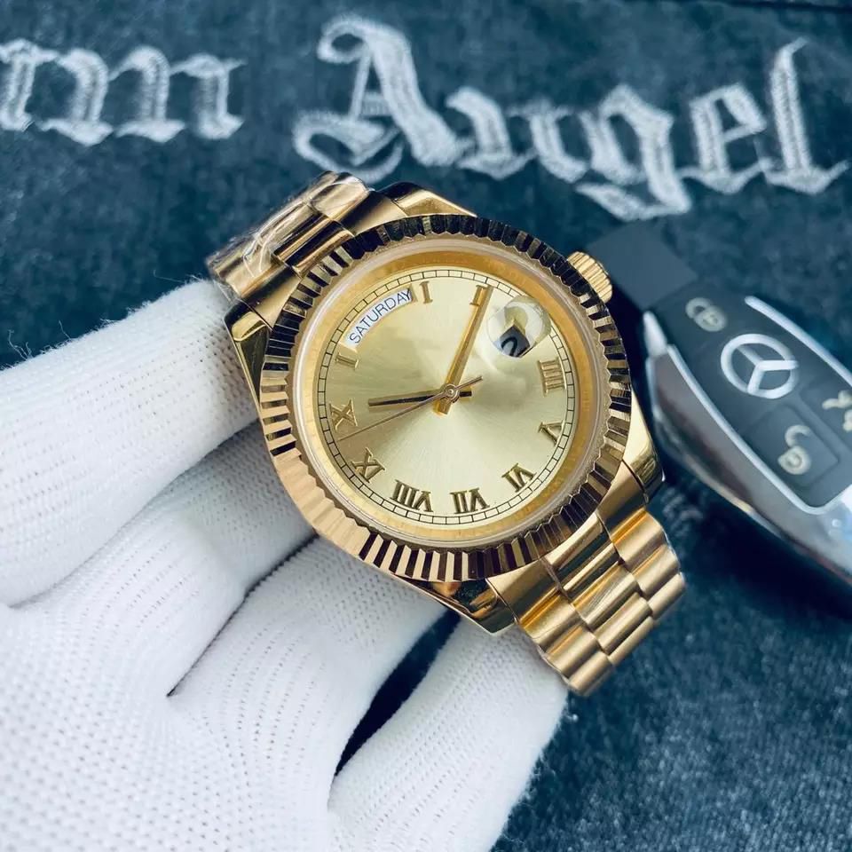 

Men's Watch 41mm Day Date Yellow Gold Diamond Dial Automatic Fashion Roman Numerals Foldover Clasp Mechanical Watch