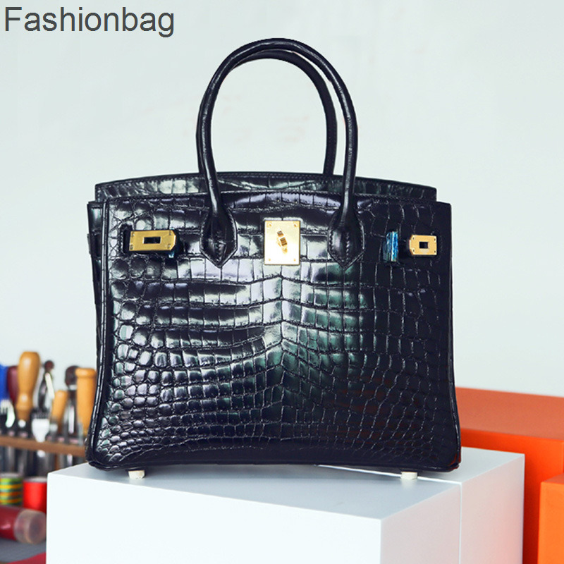

Crocodile Leather Bag Hermee Bags Cowhide Women's Fashion Birkins Versatile Handbag Bk25 Designer Gn5t, Black