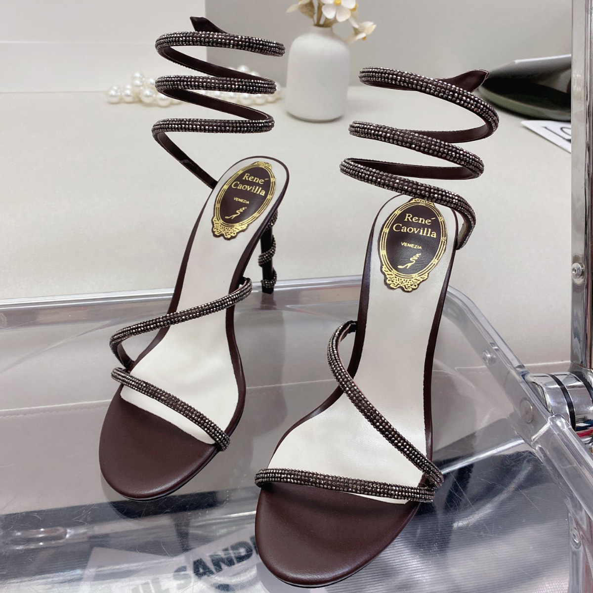 

embellished Rene caovilla Margot leather sandals Snake Strass stiletto Heel Evening shoes for women heeled Luxury Designer Ankle Wraparound IASK, Silver