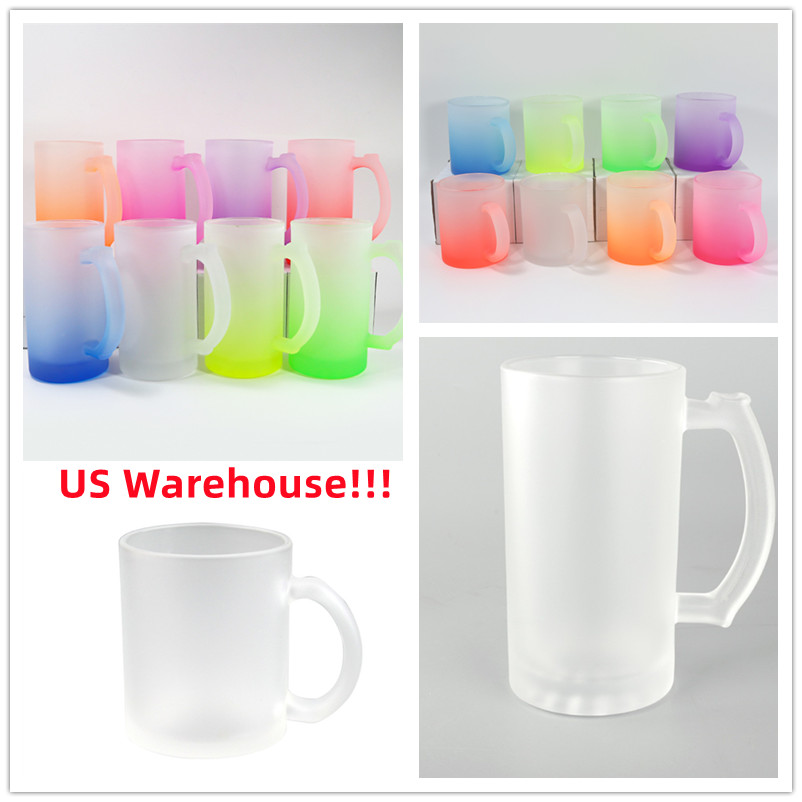 

US Warehouse 11oz 16oz Sublimation glasses tumbler Gradient Wine Glasses Heat Transfer Printing Frosted cup Transparent Glass Cup with Handle